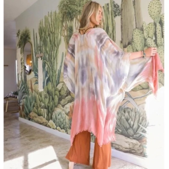 Rose Ombre Tie Dye Casual Bohemian Open Wrap Coverup Top One Size - Picture 1 of 3